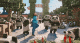 a man in a blue shirt is surrounded by panda bears dancing