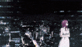a woman in a white dress stands in front of a city skyline