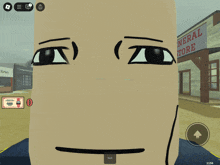 a man 's face is in front of a building that says general store