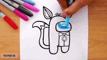 a person is drawing among us with a blue marker on a piece of paper with drawbook written on the bottom