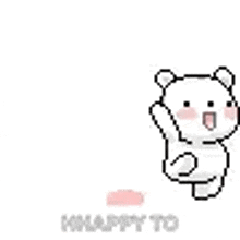 a pixel art drawing of a polar bear waving its hand and saying `` happy to '' .