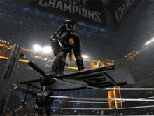 a person in a boxing ring with a sign that says champions