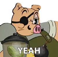 a cartoon pig is holding a pickle and a bomb and the word yeah is above him