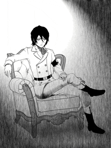 a black and white drawing of a man in a suit sitting in a chair