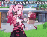 a girl in a pink dress is holding a book and pointing at it in a video game .