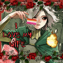 a drawing of a girl with a lesbian flag in her mouth and the words " i love my wife " on the bottom