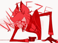 a red cartoon character with glowing red eyes is laying down