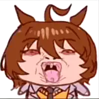 a cartoon character with brown hair and horns is sticking out his tongue and making a funny face .