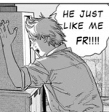 a black and white drawing of a man standing in front of a refrigerator and saying `` he just like me fri !!! '' .