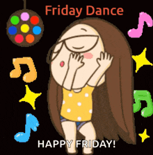 a cartoon of a girl dancing with the words friday dance happy friday written below her