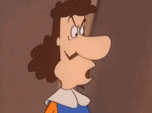 a cartoon character with a big nose and curly hair is making a funny face .