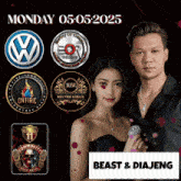 a poster for monday 05-05-2025 shows a man and a woman standing next to each other