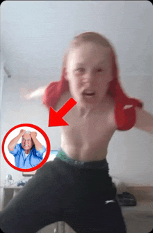 a shirtless boy with a red arrow pointing to his head