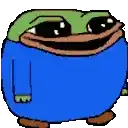 a cartoon frog wearing a blue sweater is smiling and looking at the camera .