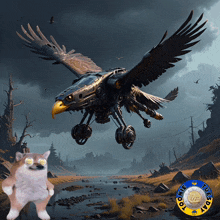 a dog is standing in front of a painting of an eagle and a coin that says toronto tuesday