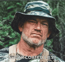 a man wearing a hat has the words sugar coated lies written below him