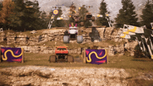 a monster truck with a unicorn on the back is jumping over a cliff