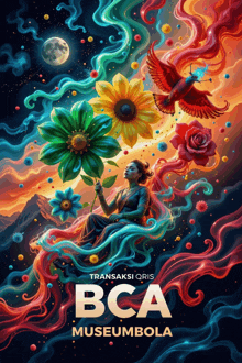 a colorful poster for bca museum bola with a woman holding a flower and a bird