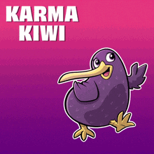 a purple bird with a long beak is on a purple background with the words karma kiwi above it