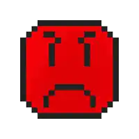 a pixel art illustration of a red smiley face with a sad look on its face .