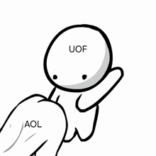 a black and white drawing of a person with the words uof and aol written on it