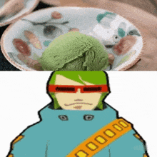 a bowl of green ice cream next to a cartoon character with sunglasses