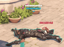 a video game character is laying on the ground in front of potted flowers and the words prominence and orchestra above him