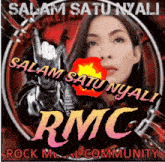 a poster for rmc rock metal community with a woman giving the middle finger