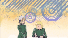 two anime characters are standing next to each other in front of a floral background
