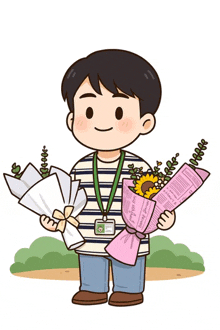 a cartoon drawing of a man holding two bouquets