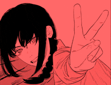 a black and red drawing of a girl giving the peace sign
