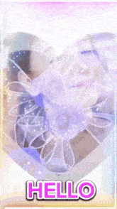 a picture of a woman in a heart shaped frame with the words hello on it