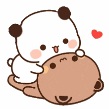a panda bear is laying on top of a brown bear with a heart .