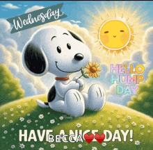 snoopy is sitting on a hill holding a flower and saying have a nice day