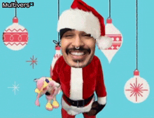 a man in a santa suit is holding a stuffed doll .