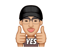a man wearing glasses and a hat gives two thumbs up with the word yes written on his shirt
