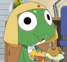 a frog is eating a hamburger and french fries in a room .