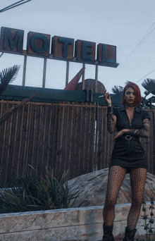 a woman smoking a cigarette in front of a motel