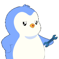 a blue and white penguin holding a wrench and a music note