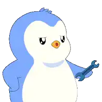 a blue and white penguin holding a wrench and a music note