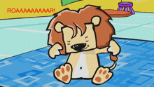 a cartoon lion is sitting on a blue rug and says roaaa