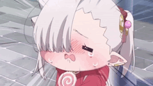 a little girl with white hair and a lollipop in her mouth
