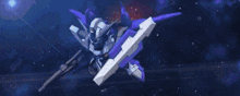 a purple and white robot is flying through space in a cartoon .