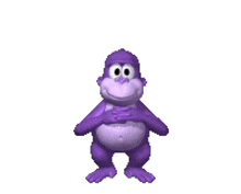 a purple monkey wearing headphones and a radio on its head