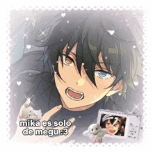 a picture of a boy with the words mika es solo de megu 3