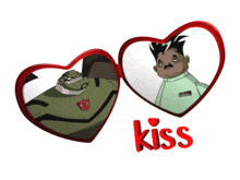 a picture of two cartoon characters with the word kiss in red