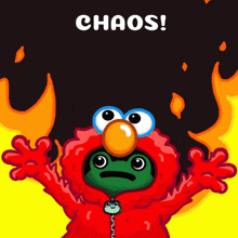a cartoon of elmo with a frog on his head and the words chaos written above him