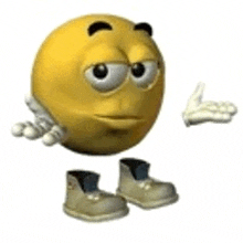 a yellow smiley face with arms and legs is wearing boots .