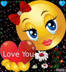 a smiley face with a red bow on its head is holding a red heart with the words love you written on it