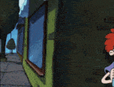 a cartoon character with red hair is standing in front of a building